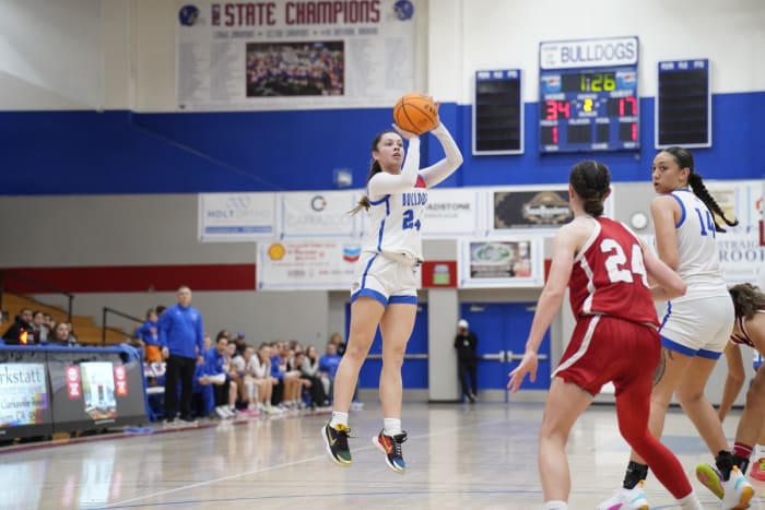 Folsom junior sharpshooter Sophia Mindermann drains two of her game-high 19 points on Monday night.